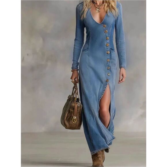 Oyrosy Dresses & Skirts - OYROSY V-neck Single-breasted Side-slit Denim Long-sleeved Maxi Dress NWT S